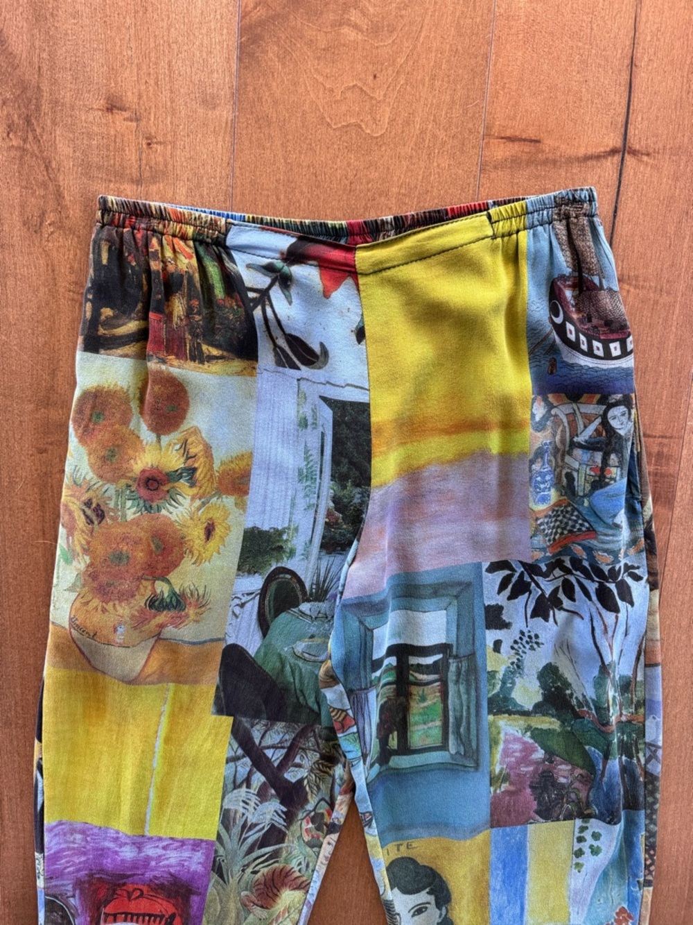 URU 100% Silk Art Print Pants Elastic Waist Pockets Made USA NWOT No Size Tag - Picture 4 of 12